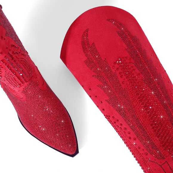 Women Polyurethane Red Knee High Pointed Toe Chunky Heel Rhinestone Tall Boot - Picture 6 of 7